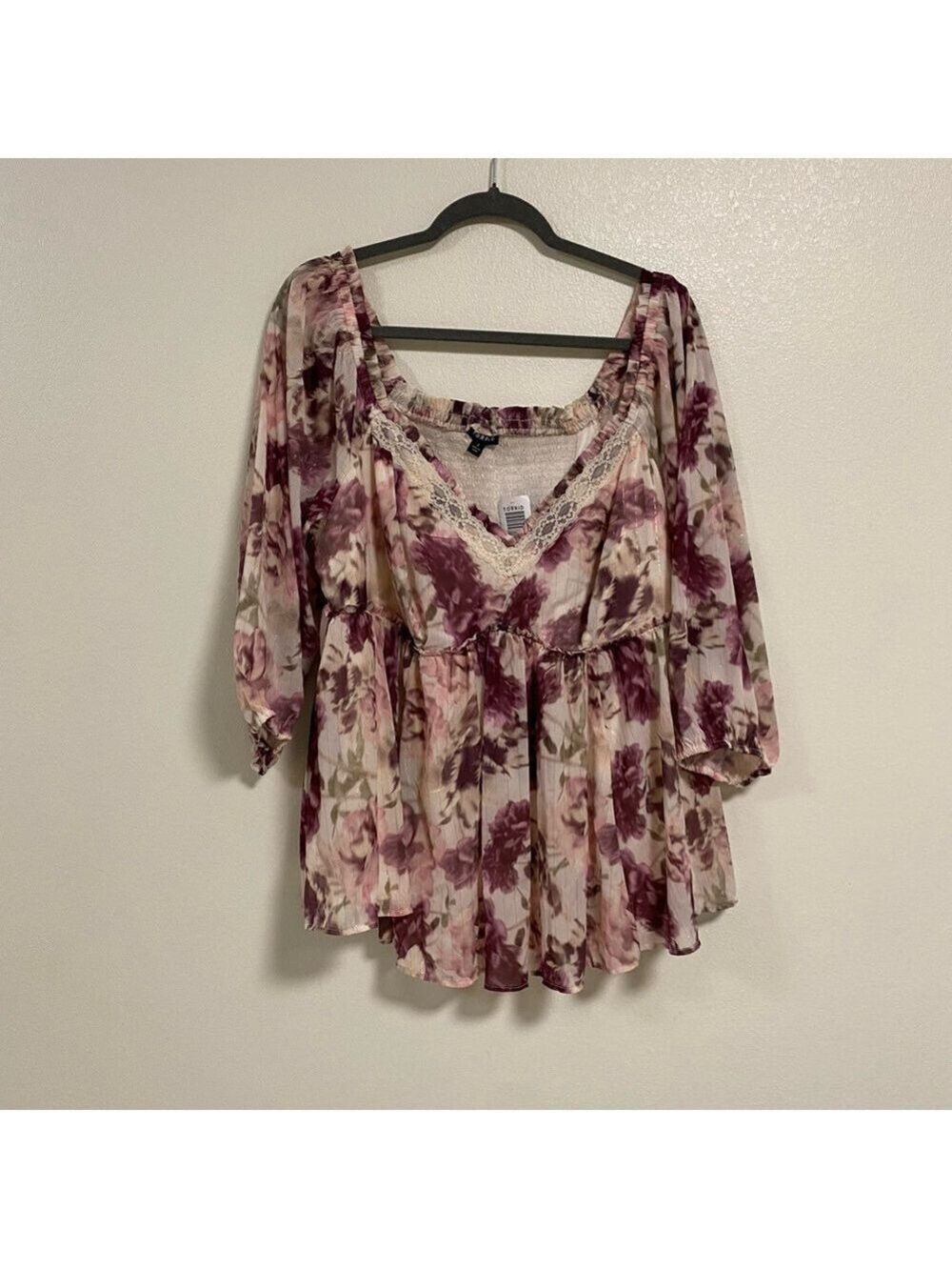 Torrid Babydoll Crinkle Chiffon Blouson sleeve Top Dusk Rose floral size 14 NWT